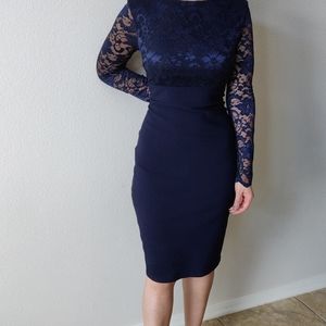 ASOS Long Sleeve Midi Dress with Lace Navy
